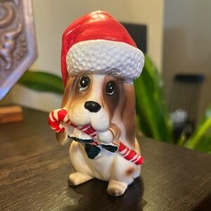 Vintage Lefton ceramic Christmas Dog Figurine in Santa Hat Adorable